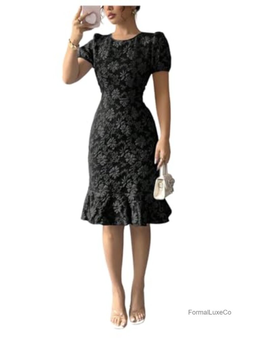 Jacquard Ruffle Puff Sleeve Crew Neck High Waist Bodycon Dress